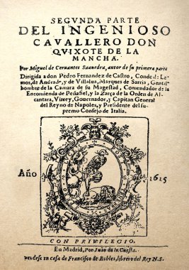 Title page of Don Quixote novel by Miguel de Cervantes published in 1615. First edition of Second Part clipart