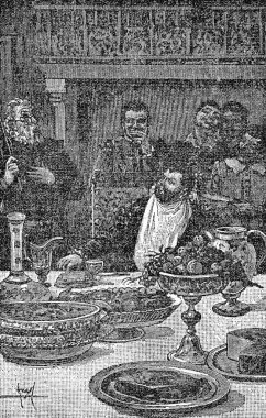 Don Kişot 'un yeni sahnesi. S. Calleja Baskısı 'nın 1916' da yayınlanan illüstrasyonu. Sancho Panza, Doktor Pedro Recio ile birlikte Barataria Adası hükümetinde. 