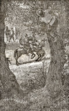 Don Kişot 'un yeni sahnesi. Calleja Baskısı 'nın 1916' da yayınlanan illüstrasyonu. Koruluk Şövalyesi ya da Ayna Macerası