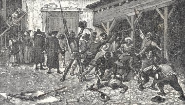 Maritormes Inn 'deki kalabalık savaş. Don Kişot 'un yeni sahnesi. S. Calleja Baskısı 'nın 1916 yılında yayınlanan bir illüstrasyonu.