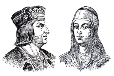 Portrait of Catholic Monarchs of Spain, Queen Isabella I of Castile and King Ferdinand II of Aragon. Draw from Enciclopedia Autodidactica by Carles Dalmau, 1954 clipart
