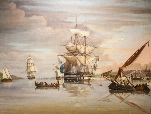 海军上将纳皮尔在里斯本登上葡萄牙雷尼亚号后战胜了绝对派舰队 Yarwood 1850年 葡萄牙里斯本海军博物馆 — 图库照片