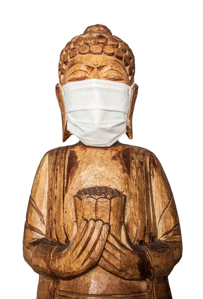 Buddha Trä Staty Bär Ansiktsmask Isolerad Över Vit Konceptet Covid — Stockfoto