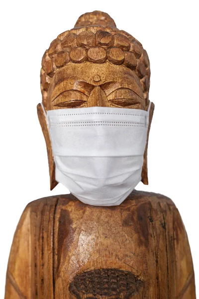 Estátua Madeira Buda Usando Máscara Facial Isolado Sobre Branco Conceito — Fotografia de Stock