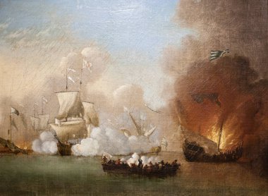 Lizbon, Portekiz - 1 Mart 2020: Portekiz gemilerine karşı barbar korsanların saldırısı. Willem Van de Veide tarafından 1685 'te yapılmış. Donanma Müzesi, Lizbon, Portekiz