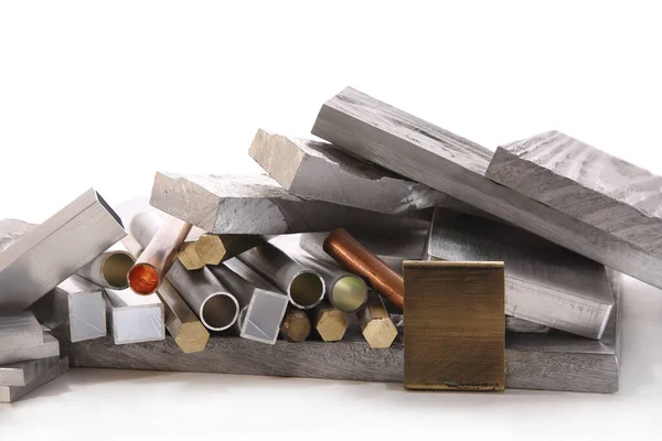 Aluminum Profiles Bronze Rods Copper Tubes Stacked Pile — Stock Photo, Image