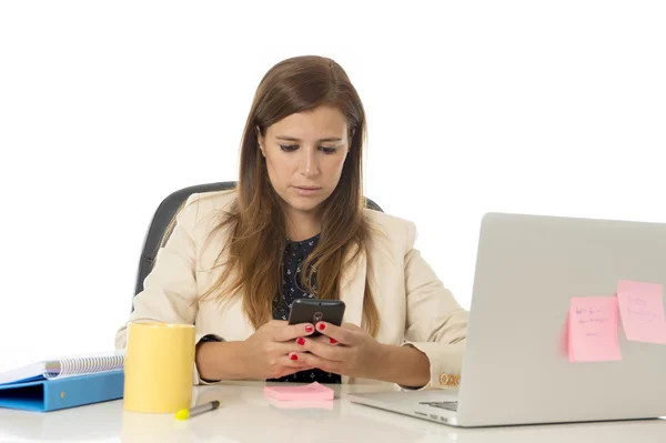 Corporate portrait young attractive businesswoman at office chair working at laptop computer desk — Stock Photo, Image