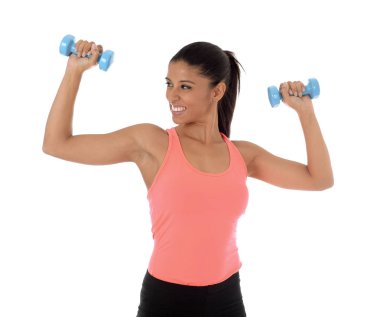 güzel ve egzotik İspanyol kadın elini tutarak eğitim fitness kavramı içinde ağırlık