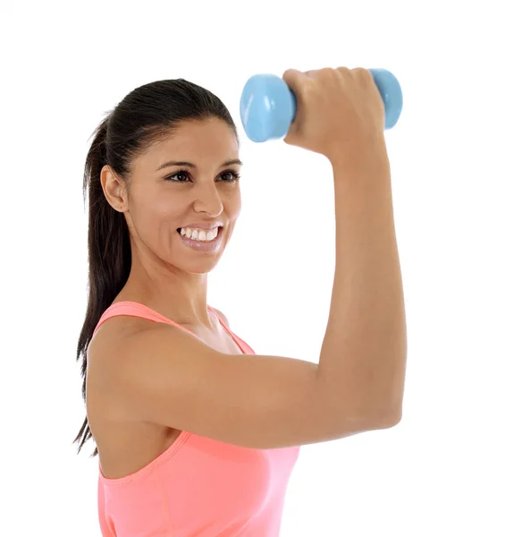 Beautiful and exotic hispanic woman holding hand weights trainin — Stock Photo, Image