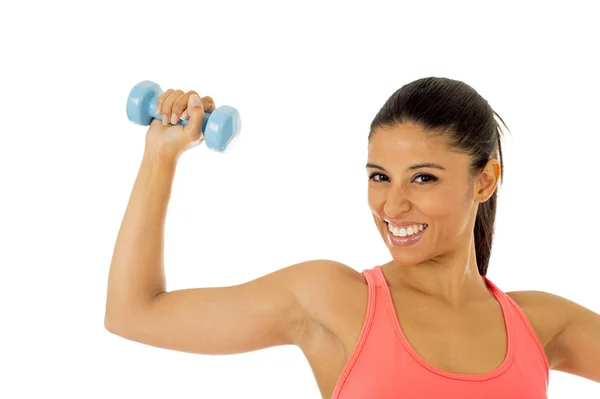 Attractive happy latin woman holding weight dumbbell doing fitness workout — Stock Photo, Image