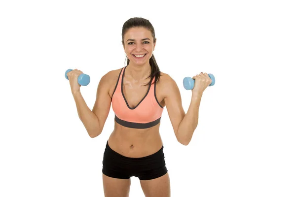 Sport vrouw in fitness kleren glimlachend gelukkig in aerobics opleiding training poseren bedrijf gewicht — Stockfoto
