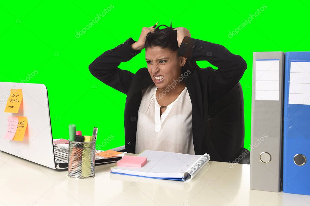  business woman suffering stress working at office isolated green chroma key background