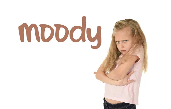 Inglês língua aprendendo vocabulário cartão escolar com palavra moody e doce jovem estudante — Fotografia de Stock