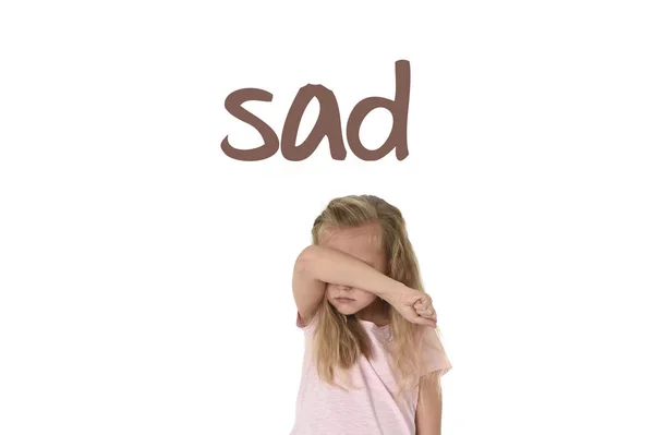 Inglés aprendizaje de vocabulario tarjeta de la escuela con palabra triste y dulce niña — Foto de Stock