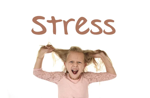 Engelska språket lärande ordförråd skolkort med ordet stress och söt ung liten skolflicka — Stockfoto
