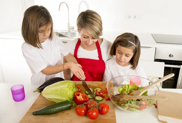 Jonge moeder in cook schort en zoete mooie tweelingdochters koken voorbereiding samen salade — Stockfoto