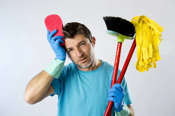 Domestic service man or stressed husband housework washing with sponge mop and broom — Stock Photo, Image