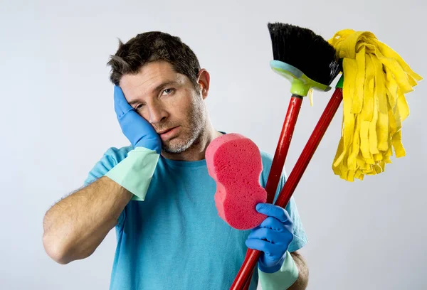 Domestic service man or stressed husband housework washing with sponge mop and broom — Stock Photo, Image