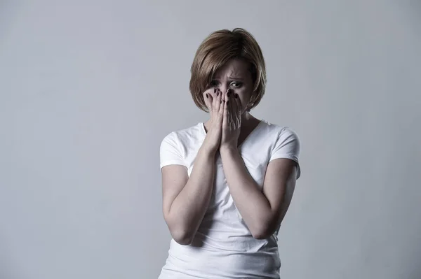 Devastated depressed woman crying sad feeling hurt suffering depression in sadness emotion — Stock Photo, Image