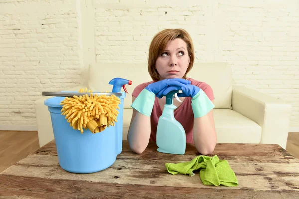 Woman cleaning living room table with cloth and spray bottle tired in stress — Stock Photo, Image