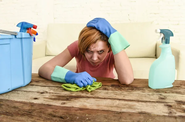 Woman cleaning living room table with cloth and spray bottle tired in stress — Stock Photo, Image