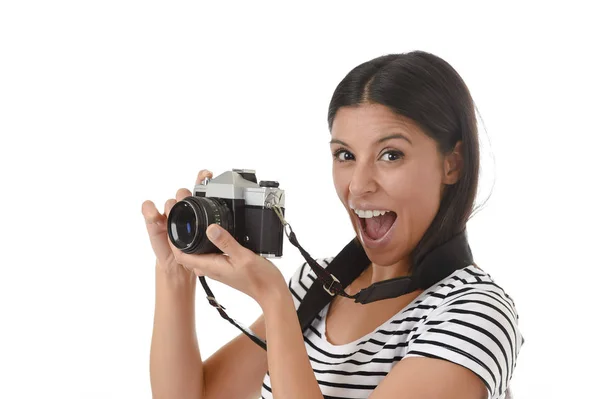 Woman taking pictures posing smiling happy using cool retro and vintage photo camera — Stock Photo, Image