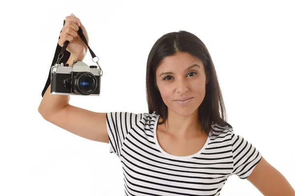 Woman taking pictures posing smiling happy using cool retro and vintage photo camera — Stock Photo, Image