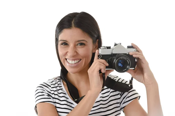 Woman taking pictures posing smiling happy using cool retro and vintage photo camera — Stock Photo, Image