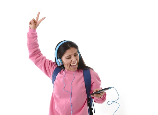 Młoda dziewczyna kobieta lub student z telefonu komórkowego słuchania słuchawki muzyka, śpiew i taniec — Zdjęcie stockowe