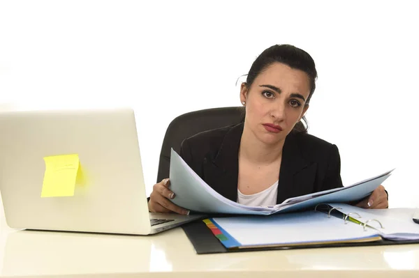 Attractive woman in business suit working tired and bored in office computer desk looking sad — Stock Photo, Image