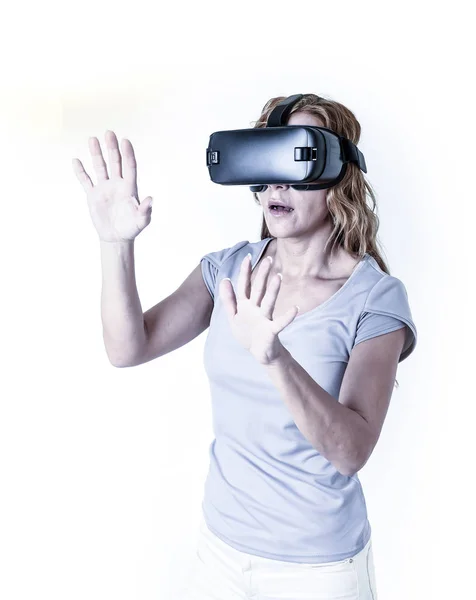 Attractive happy and excited woman using 3d goggles watching 360 virtual reality vision — Stock Photo, Image