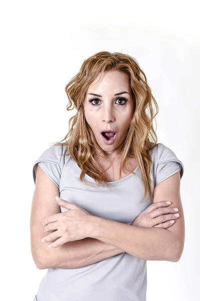 Portrait of attractive woman surprised and excited in shock and disbelief — Stock Photo, Image