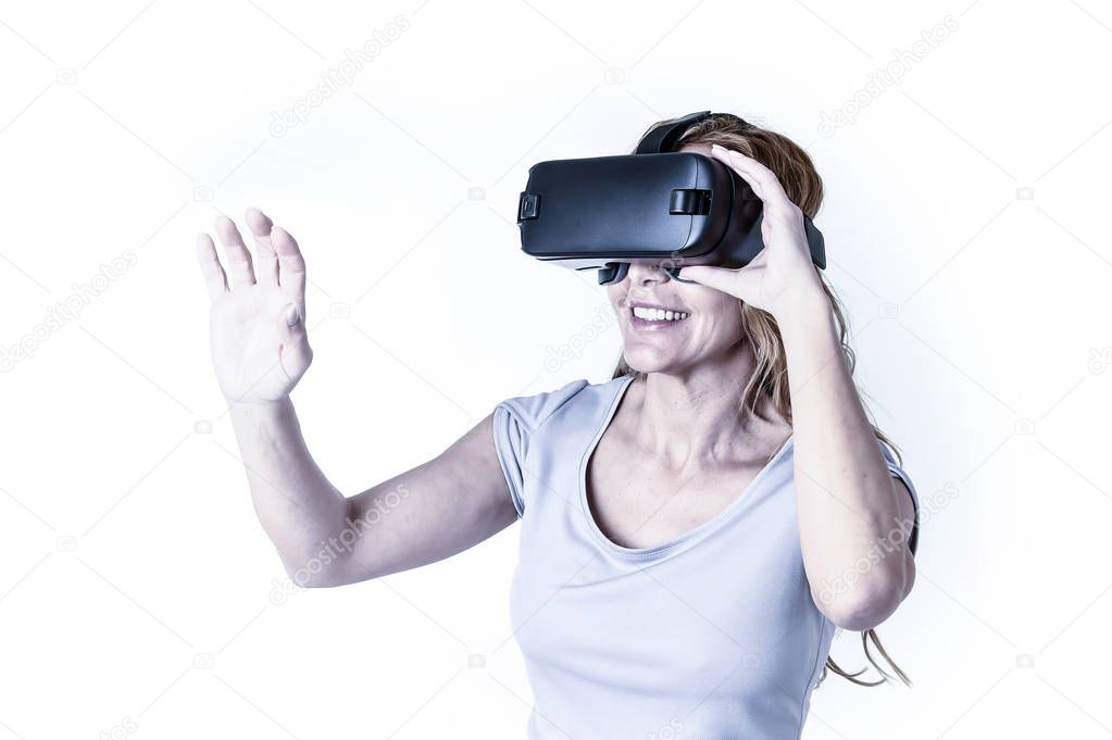 attractive happy and excited woman using 3d goggles watching 360 virtual reality vision