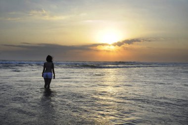 Ücretsiz su ve güneş ufukta günbatımı plaj rahat bakarak duran genç güzel Asyalı kadın silüeti 