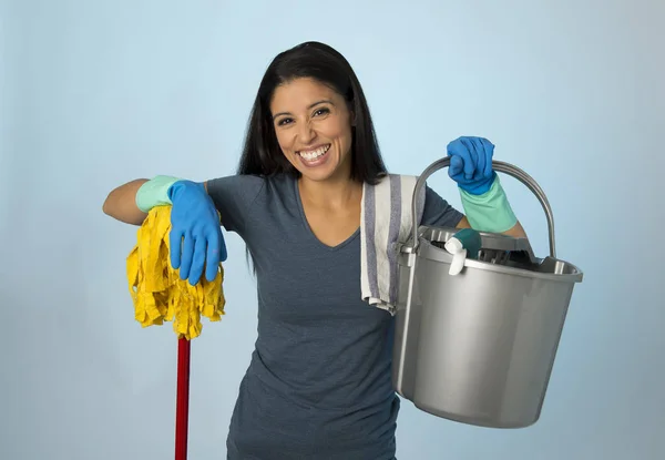 Hispanic woman happy proud as home or hotel maid cleaning and housekeeping holding mop and washing bucket smiling — Stock Photo, Image