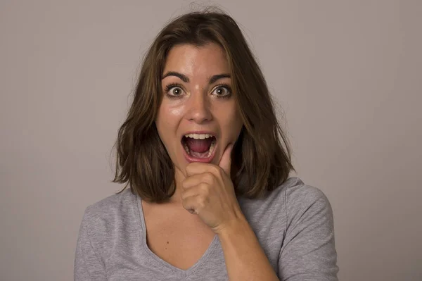 Young Beautiful Scared Spanish Woman in Shock and Surprise Face