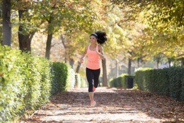 çekici ve mutlu runner kadında sonbahar spor giyim çalışan bir
