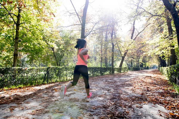 Mujer corredora atractiva y feliz en la ropa deportiva de otoño correr y entrenar en correr al aire libre entrenamiento en el parque de la ciudad — Foto de Stock