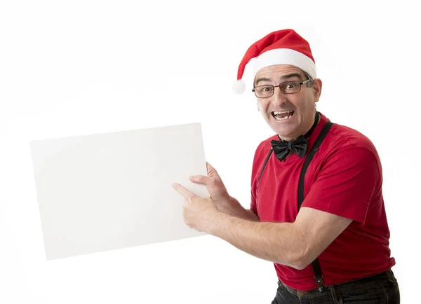 Engraçado 40s para 50s louco homem de vendas em Santa chapéu de Natal com bo — Fotografia de Stock