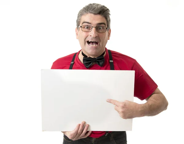 Weird and funny 40s to 50s crazy sales man with bowtie and red s — Stock Photo, Image