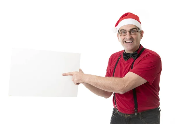 Funny 40s to 50s crazy sales man in Santa Christmas hat with bo — Stock Photo, Image