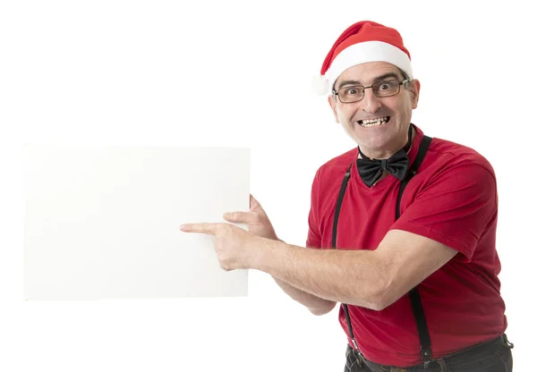 Funny 40s to 50s crazy sales man in Santa Christmas hat with bo — Stock Photo, Image