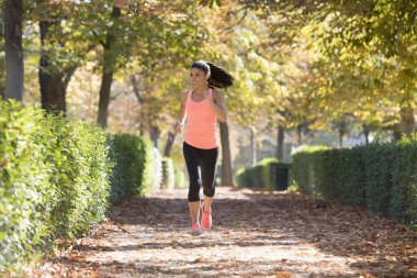 çekici ve mutlu runner kadında sonbahar spor giyim çalışan bir