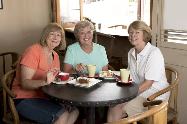 Grupo de tres mujeres maduras de mediana edad encantadora novias reunión para el café y el té con pasteles en la cafetería compartir tiempo juntos —  Fotos de Stock