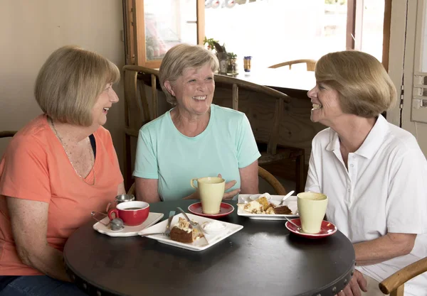 コーヒーと紅茶の時間を一緒に共有のコーヒー ショップでケーキとの出会い 3 人素敵な中年年配の成熟した女性のグループ — ストック写真