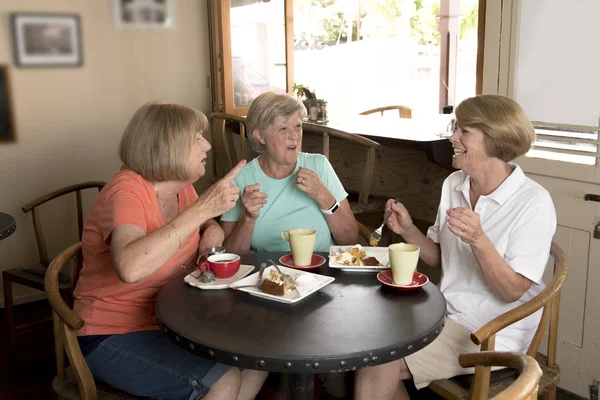 Grupo de tres mujeres maduras de mediana edad encantadora novias reunión para el café y el té con pasteles en la cafetería compartir tiempo juntos —  Fotos de Stock