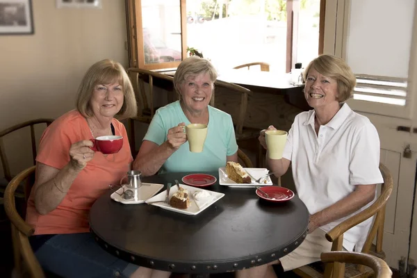 Kelompok tiga cantik usia setengah baya pacar wanita dewasa bertemu untuk minum kopi dan teh dengan kue di kedai kopi berbagi waktu bersama-sama — Stok Foto