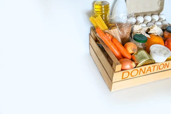 Donation Volunteer Box Various Products Poor People Pandemic Coronavirus Food — Stock Photo, Image