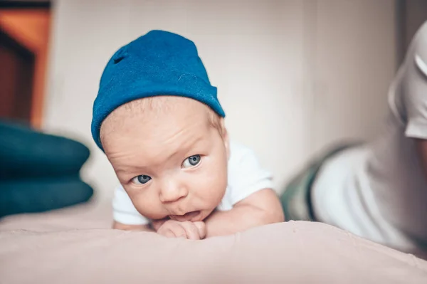 Cute Little Baby Boy Lying Pink Blanket Bedroom Newborn Baby — Stock Photo, Image