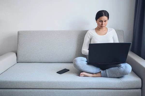 Wanita Freelance Eropa Muda Bekerja Pada Laptop Dan Telepon Sofa — Stok Foto